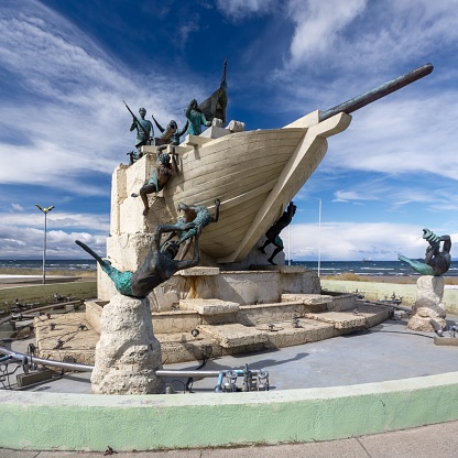 Punta Arenas, Chile, March 3, 2023: Goleta Ancud Schooner Monument and Fountain Detail at Costanera Waterfront, Strait of Magellan Chilean Patagonia