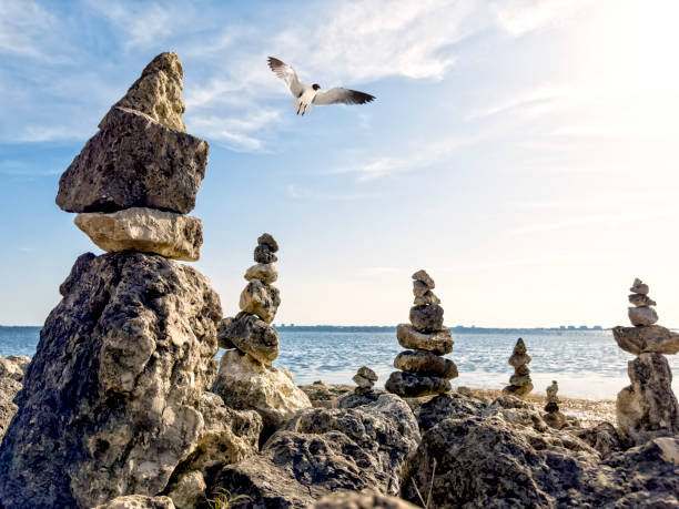 istock Balanced rock piles on rocky beach in sunny day 1544294313