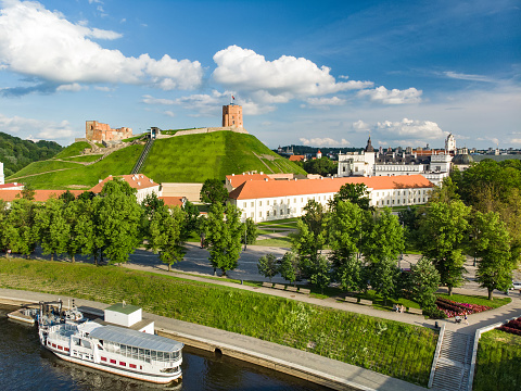 Aerial view of Gediminas` Tower, the remaining part of the Upper Castle in Vilnius. Sunrise landscape of UNESCO-inscribed Old Town of Vilnius, the heartland of the city, Lithuania.