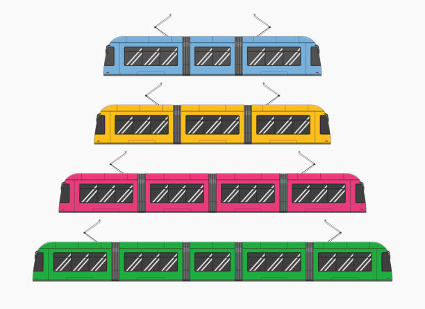 illustrations, cliparts, dessins animés et icônes de moderne long tram way train car set side view vector flat illustration - bus speed transportation public utility