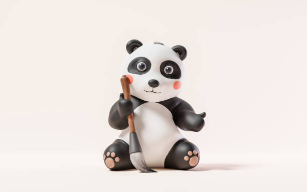 istock Cartoon panda and Chinese retro ink brush, 3d rendering. 1544419559