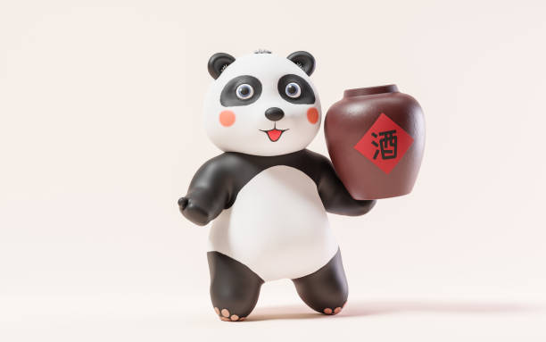 istock Cartoon panda and wine jar, 3d rendering. Translating on jar: wine. 1544419569