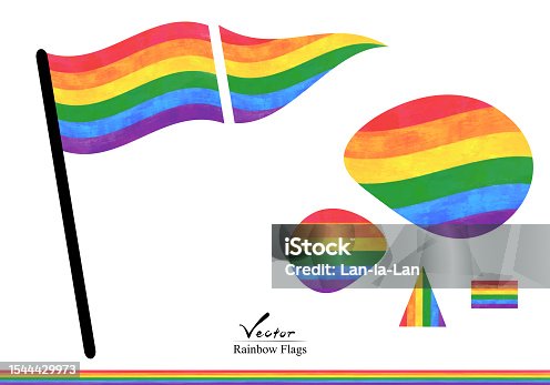 istock Set of vector illustrations of bright color four type rainbow flags, soft fluid shape rainbows and line. LGBTQ PRIDE. 1544429973