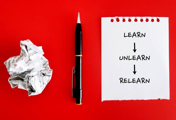 istock Pen ,crumpled paper and note paper on red background with handwritten text Learn Unlearn Relearn - concept of knowing to discard learned outdated knowledge or skills or fake information and ready to relearn new ones 1544489942