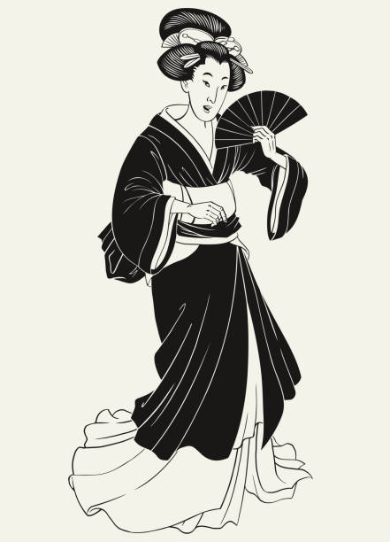 illustrations, cliparts, dessins animés et icônes de geisha japonaise vintage tenant un vecteur isolé traditionnel en éventail - tattoo japanese culture women asian ethnicity