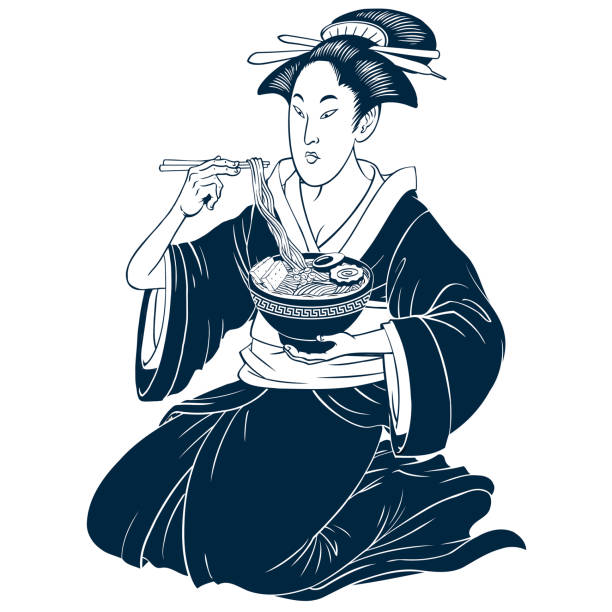 ilustrações de stock, clip art, desenhos animados e ícones de isolated black and white of beautiful geisha eating ramen in traditional kimono - tattoo japanese culture women asian ethnicity