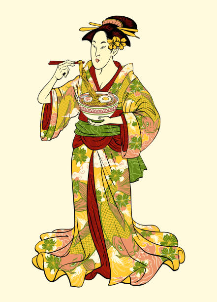 illustrations, cliparts, dessins animés et icônes de geisha japonaise vintage mangeant des ramen en kimono traditionnel - tattoo japanese culture women asian ethnicity