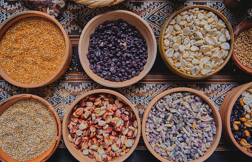 Grains such as beans, corn and coca leaf, representative to the city of Cusco in Peru, superfood andean