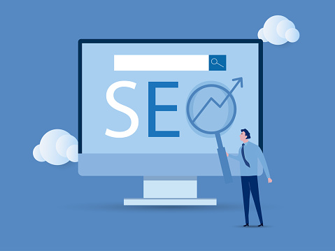 Website search result, advertising or marketing to boost web ranking or user discovery concept, SEO Search Engine Optimization, businessman hold magnifying glass on SEO rising arrow search box.