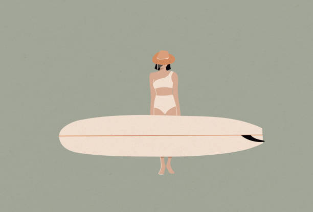 illustrazioni stock, clip art, cartoni animati e icone di tendenza di longboard surfer girl, illustrazione surf retrò piatto - beach surfing bikini retro revival