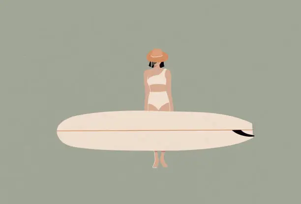 Vector illustration of Longboard Surfer Girl, Flat Retro Surf Illustration