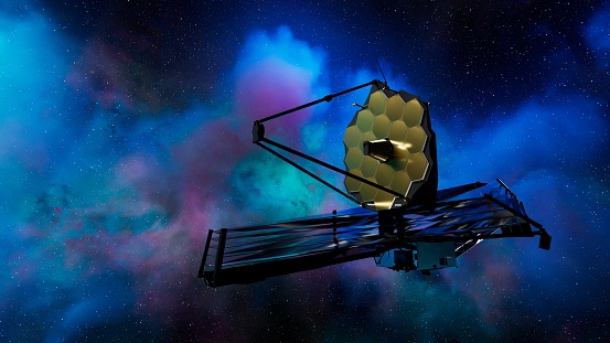 James Webb Space Telescope Exploring Deep Space Against Nebula