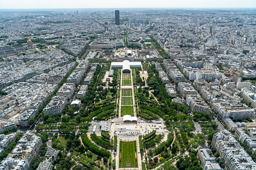 Aerial view of Champ de Mars from the Eiffel Tower in Paris, France. Wide angle shot of the Champ de Mars.