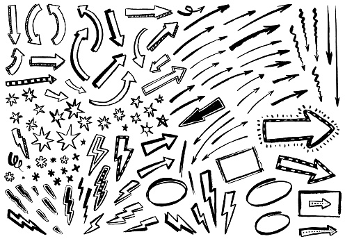 Black arrows stars and lightning bolts in a fun child-like style vector illustration for use on info graphics etc