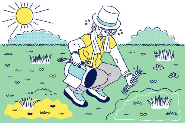 Vector illustration of This is a color illustration of a man weeding in the strong sunlight.