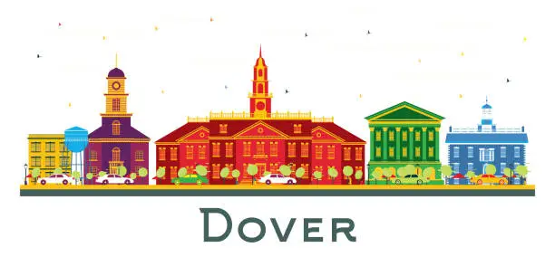 Vector illustration of Dover Delaware City Skyline with Color Buildings and Blue Sky.