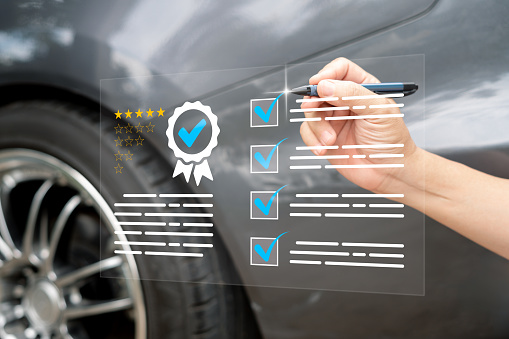 Customer Satisfaction and service warranty concept on virtual screens, Employees check the conditions on digital documents, Quality control assurance of car service with modern online technology