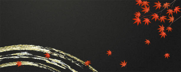 czerwona gałąź i liście klonu japońskiego, pociągnięcie złotym pędzlem i czarne tło z japońskiego papieru. projekt banera, nagłówka. - black background panoramas fall flowers stock illustrations