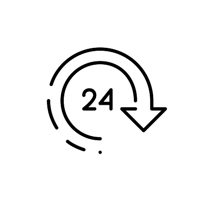 Round renew arrow with 24 hour symbol. Pixel perfect, editable stroke icon