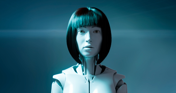 The portrays a chest-high cyborg girl with black hair and white plastic skin. Her expression is devoid of emotions as she gazes lifelessly and directly into the camera.