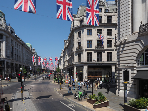 London, UK - June 07, 2023: Union Jack flags in Regent Street for the Coronation of King Charles III on 6th May 2023