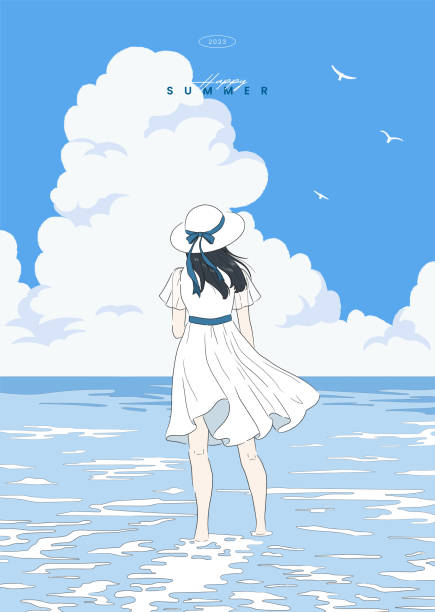 海の上に立つ美しい女性が夏の空を見ている。女の子アニメ日本の漫画漫画のキャラクター。休日、旅行、休暇。ポスター、カード。 手描きスタイルのベクター画像デザイン線イラスト。 - ocean scenic illustrations点のイラスト素材／クリップアート素材／マンガ素材／アイコン素材