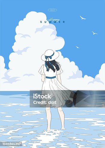 istock Beautiful woman standing on the sea looking at the summer sky. Girl anime Japanese manga cartoon character. Holiday, Travel, Vacation. Poster, Card. Hand drawn style vector design line illustration. 1544865347