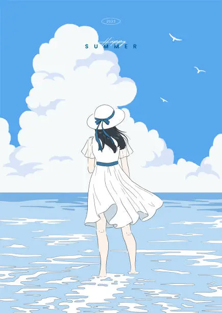 Vector illustration of Beautiful woman standing on the sea looking at the summer sky. Girl anime Japanese manga cartoon character. Holiday, Travel, Vacation. Poster, Card. Hand drawn style vector design line illustration.