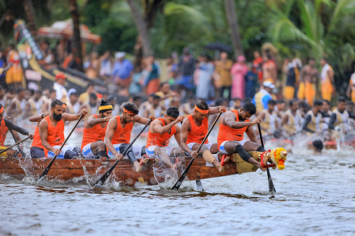 CHAMPAKULAM,KERALA, INDIA - 3 rd JULY2023  Snake boat race team, participating moolam Boat race. PBC Pallathuruthy