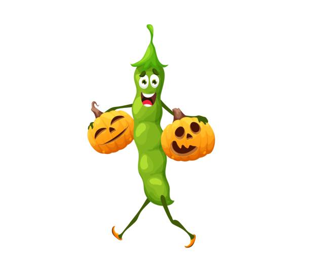 illustrations, cliparts, dessins animés et icônes de personnage de pois d’halloween de dessin animé avec des citrouilles - green pea audio