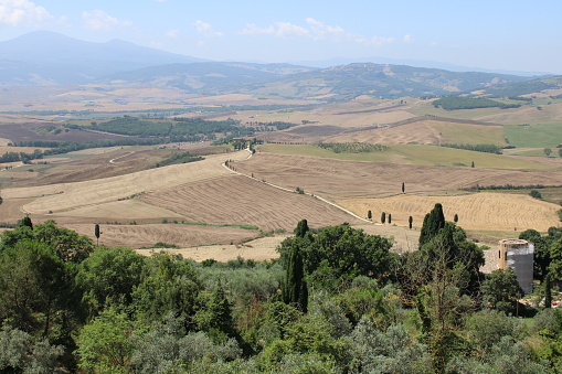 Overview of Val d'Orcia from Penzia Toscana Italy 14 july 2023