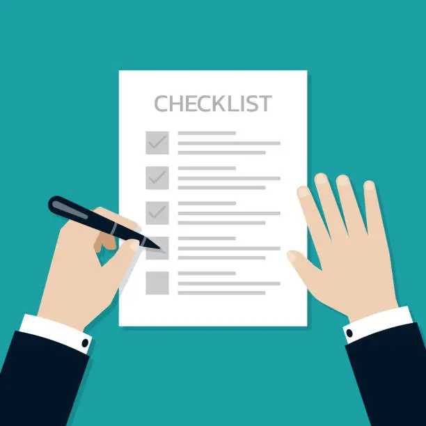 Vector illustration of Businessman hands holding a pen and tick on the checkbox of checklist form paper, Vector Illustration in flat style.