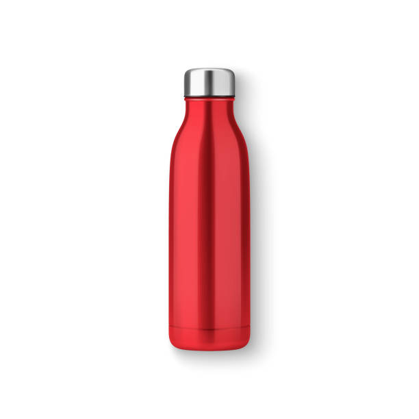 istock Vector Realistic 3d Red Empty Glossy Metal Reusable Water Bottle with Silver Bung Closeup Isolated. Design template of Packaging Mockup. Front, Top View 1544915389