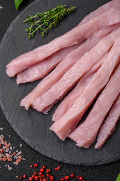 istock Raw chicken or turkey fillet cut into strips with spices and herbs 1544924365