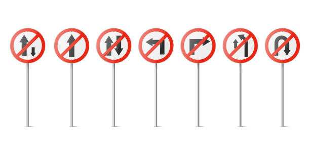 istock Vector Red and White Round Prohibition Traffic Sign with Arrow Icon Set Isolated. One Way, No Straight Ahead, Vehicles, Turn, Overtaking, U-Turn Traffic Road Plate, Sign Design Templates 1544935019