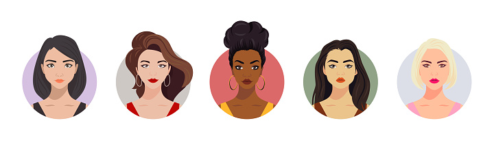 Vector Woman Avatar Set. Beautiful Young Girls Portrait Collection, Different Hairstyle. Female Face Types, Different Nationalities Portraits. Cartoon Multiethnic Society in Flat Style. Front View.