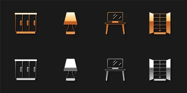 Vector illustration of Set Wardrobe, Table lamp, TV table stand and icon. Vector