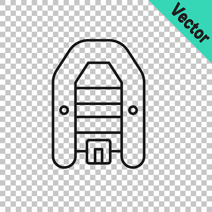 Black line Inflatable boat with outboard motor icon isolated on transparent background. Vector.