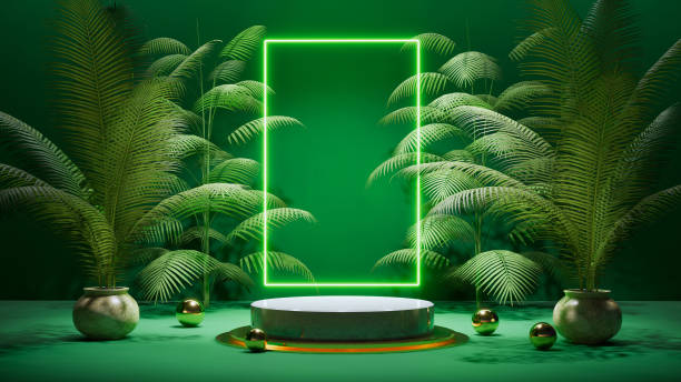 istock Natural background marble podium studio floor with green plants and a neon glowing rectangle frame. 3D illustration. 1545002205