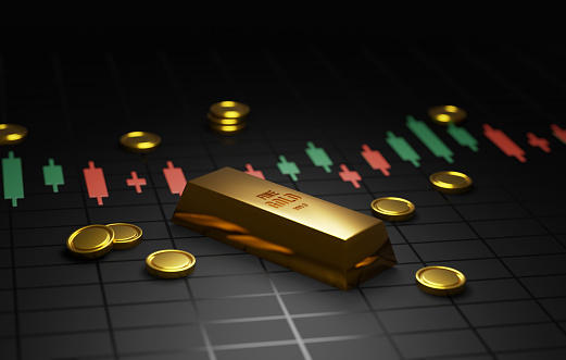 Discover the allure of financial prosperity with this stunning 3D render. Gold bars and coins on a candlestick graph against a black background symbolize wealth, success, and investment opportunities.