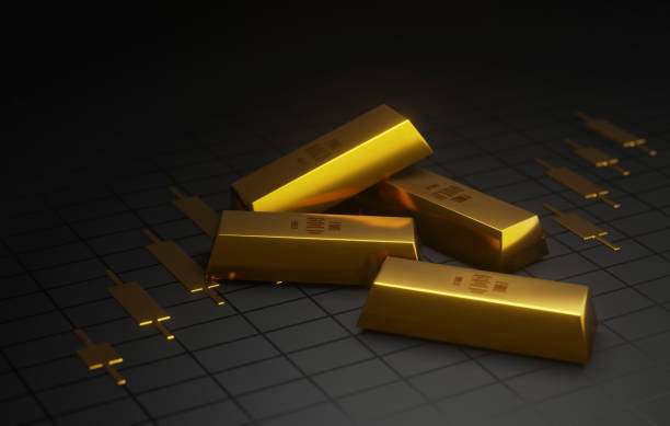 Golden Wealth Pile of Gold Bars on Candlestick Graph - Financial Success and Investment Concept Experience the allure of shining prosperity in this 3D render showcasing gold bars on a modern graph background. Unlock the potential of investing for growth and witness the power of financial success. gold retirement accounts stock pictures, royalty-free photos & images