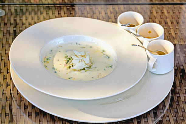 istock Cold crab soup with cucumber, radishes and kefir, selective focus 1545006588