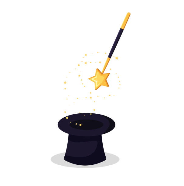 ilustrações de stock, clip art, desenhos animados e ícones de magic wand with stars sparks above black magic hat. vector illustration in flat design. - magic circus wand circus theatrical performance stage theater