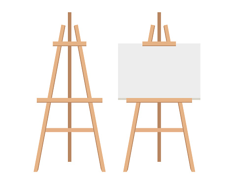 Realistic paint desk with blank white canvas. Wooden easel and a sheet of drawing paper. Vector illustration
