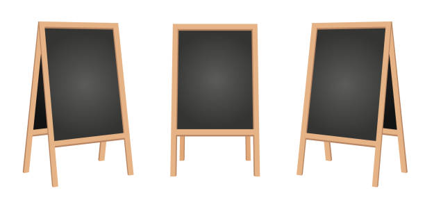 istock Sidewalk chalkboard. Outdoor restaurant blackboard with wood frame. Empty cafe texting easel vector isolated mockup. Chalkboard blank frame for menu restaurant billboard illustration. 1545064241