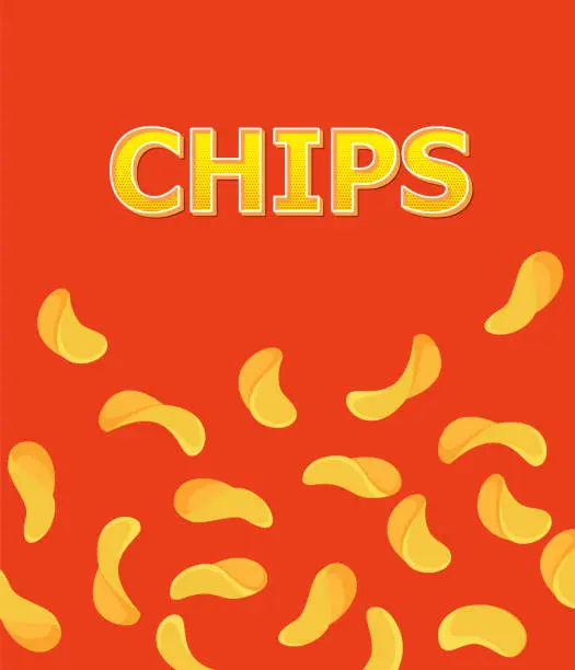 Vector illustration of Crispy potato chips background. vector promo poster with crunchy ripple snack pieces. Delicious food advert, crisp meal promotion with wavy chips in pack