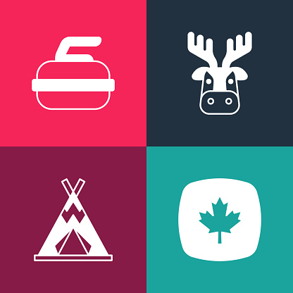 Set pop art Canadian maple leaf Indian teepee or wigwam Deer head with antlers and Stone for curling icon. Vector.