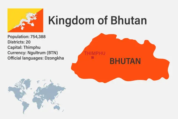 Vector illustration of Highly detailed Bhutan map with flag, capital and small map of the world