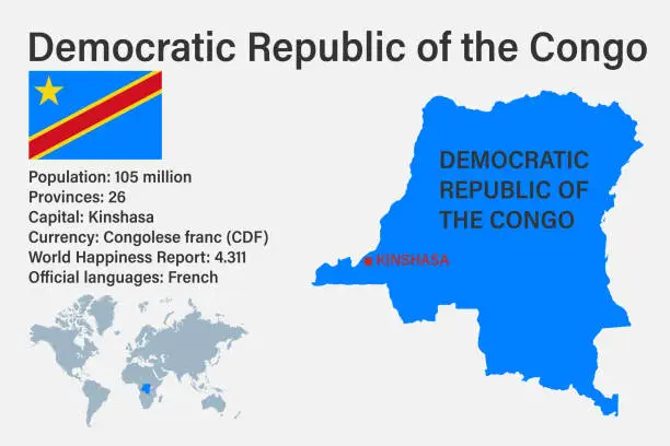 Vector illustration of Highly detailed Democratic Republic of the Congo map with flag, capital and small map of the world