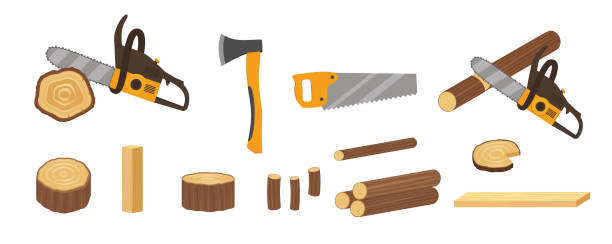 illustrazioni stock, clip art, cartoni animati e icone di tendenza di l'illustrazione del legno e degli strumenti per il taglio del legno. seghe d'ascia, motoseghe - lumber industry timber wood plank